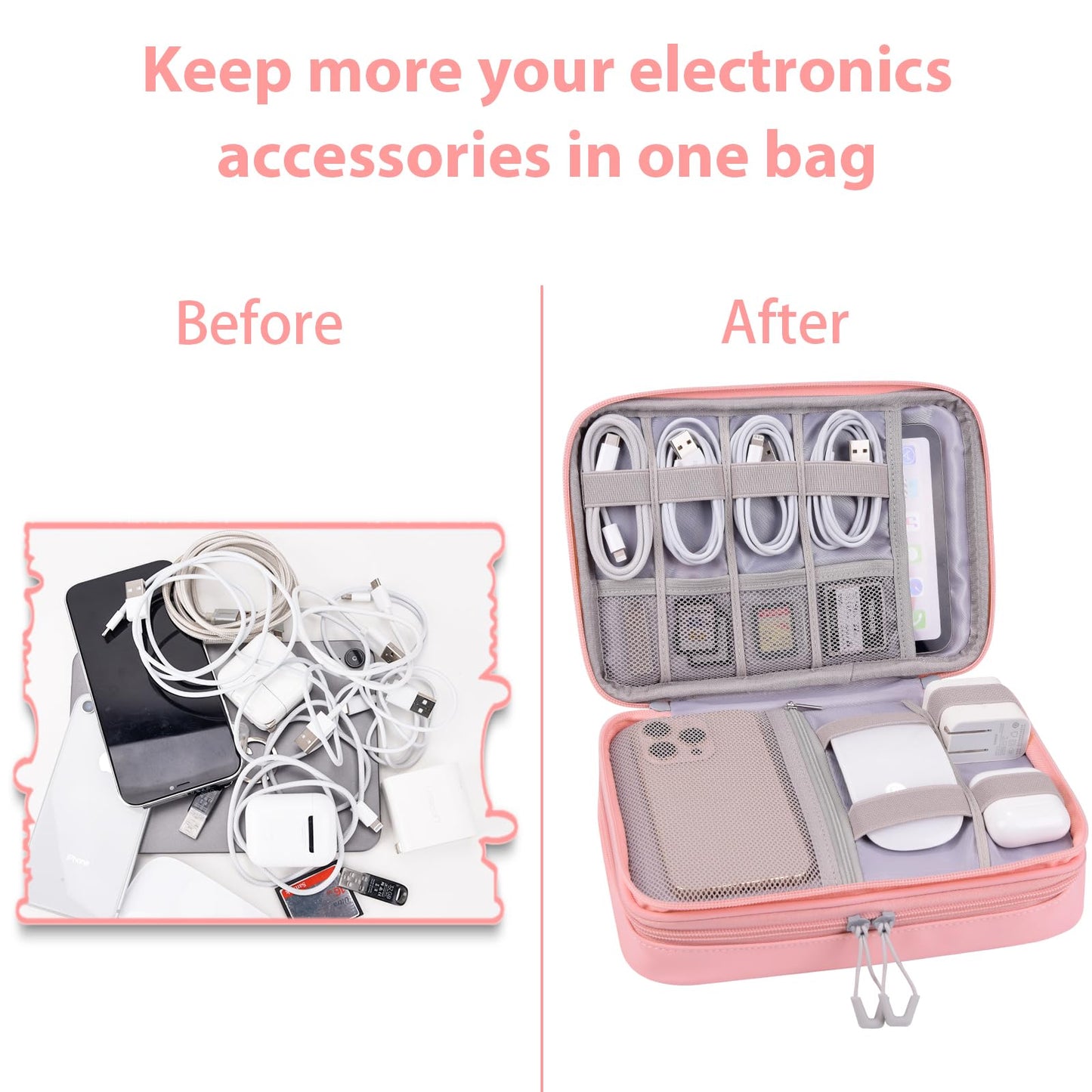 DDgro Electornics Travel Organizer Case for Cable/Cords/Charger/Tech Accessories, Large Pouch Bag for Woman (Pink, PU-Large)
