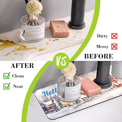 Chrismas Sink Faucet Absorbing Mat Hello Winter Sink Splash Guard Drying Mat