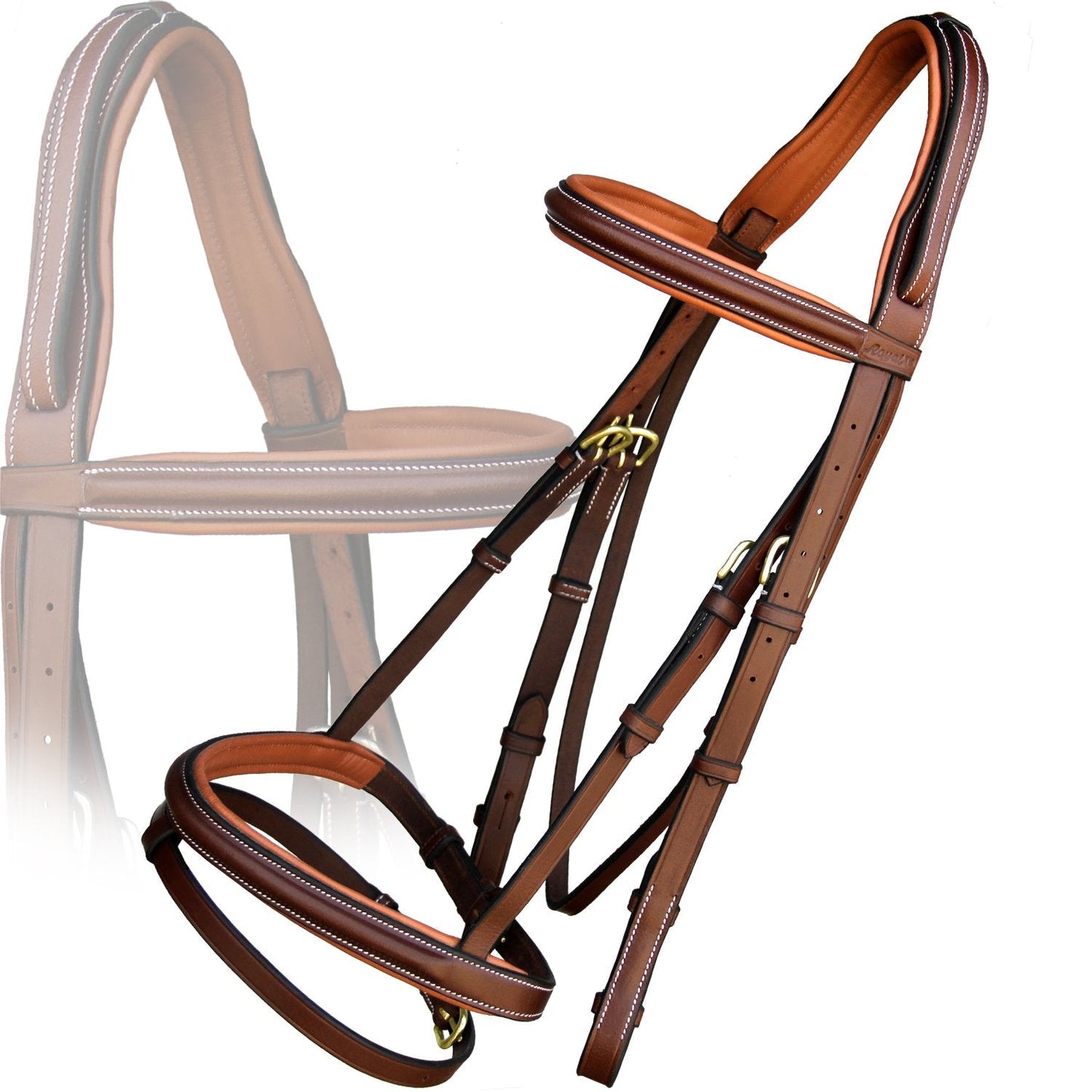 Exion English Jumping Hunter Bridle with Removable Flash Noseband, Rubber Reins & Brass Buckle | Soft Padded Raised Snaffle Browband & Noseband | Anti-Pressure Headpiece | Leather Horse Bridle