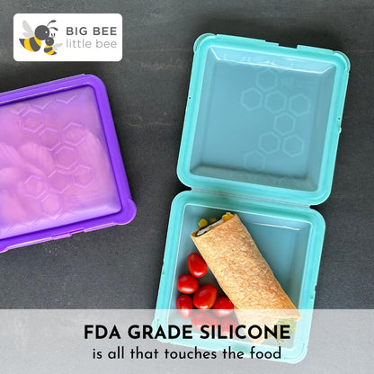 Big Bee, Little Bee - SoftShell Reusable Silicone Food Storage Container with Connected Clamshell Lid, Easy to Clean, Snaps Closed, Microwave, Freezer & Dishwasher Safe (Grape)
