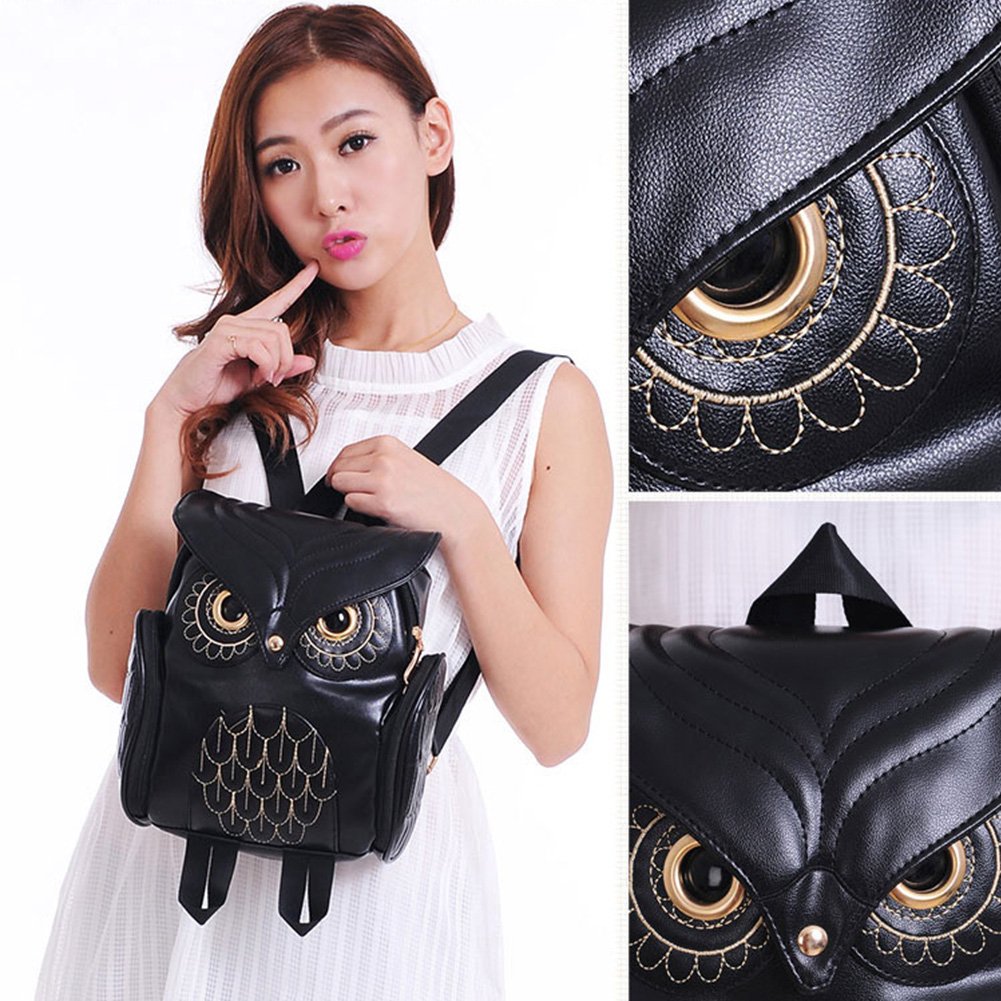 WYSBAOSHU Fashion Owl Backpack Small Casual Daypack for Women Pu Leather Mini Bag (Black)