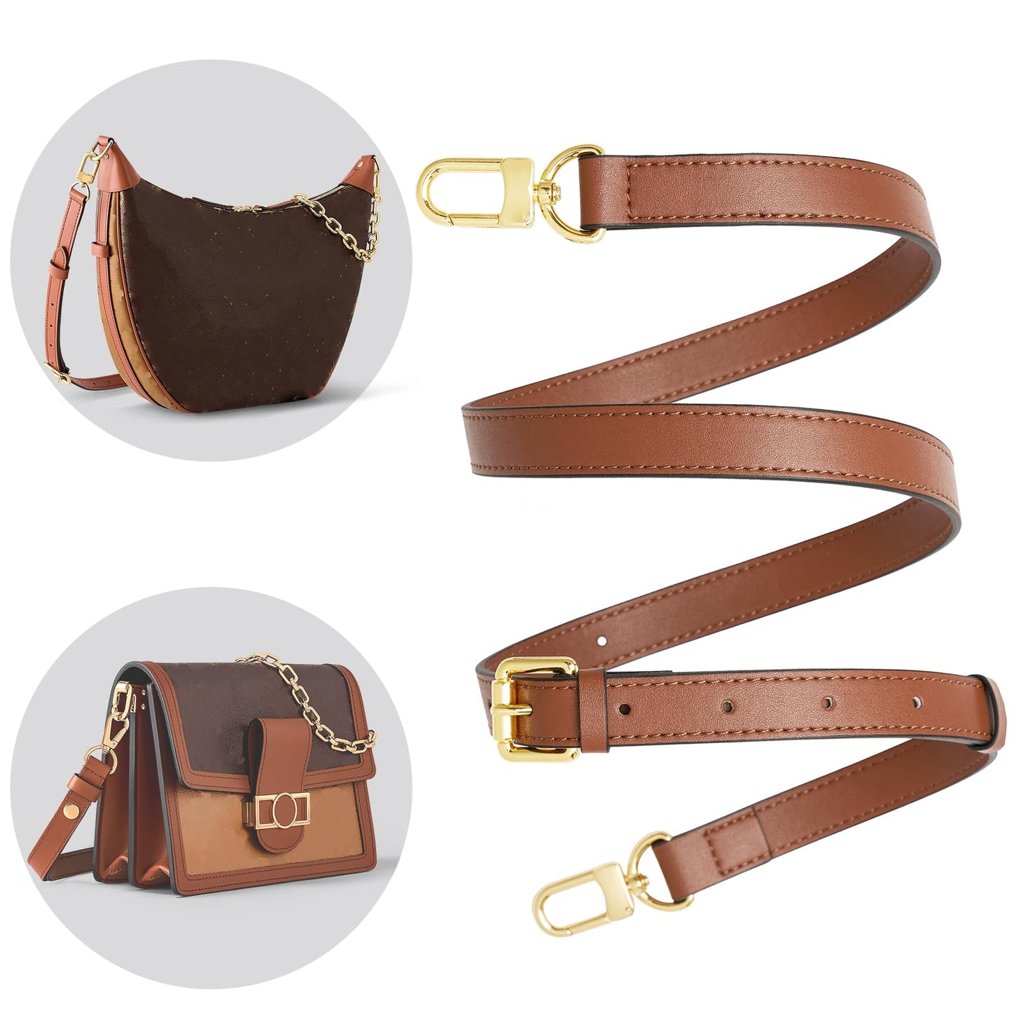 YAZHIMI Vachetta Leather Purse Strap Genuine Leather Adjustable Replacement Strap for Shoulder Bag Handbag Purse (Brown-Leather Crossbody Strap)