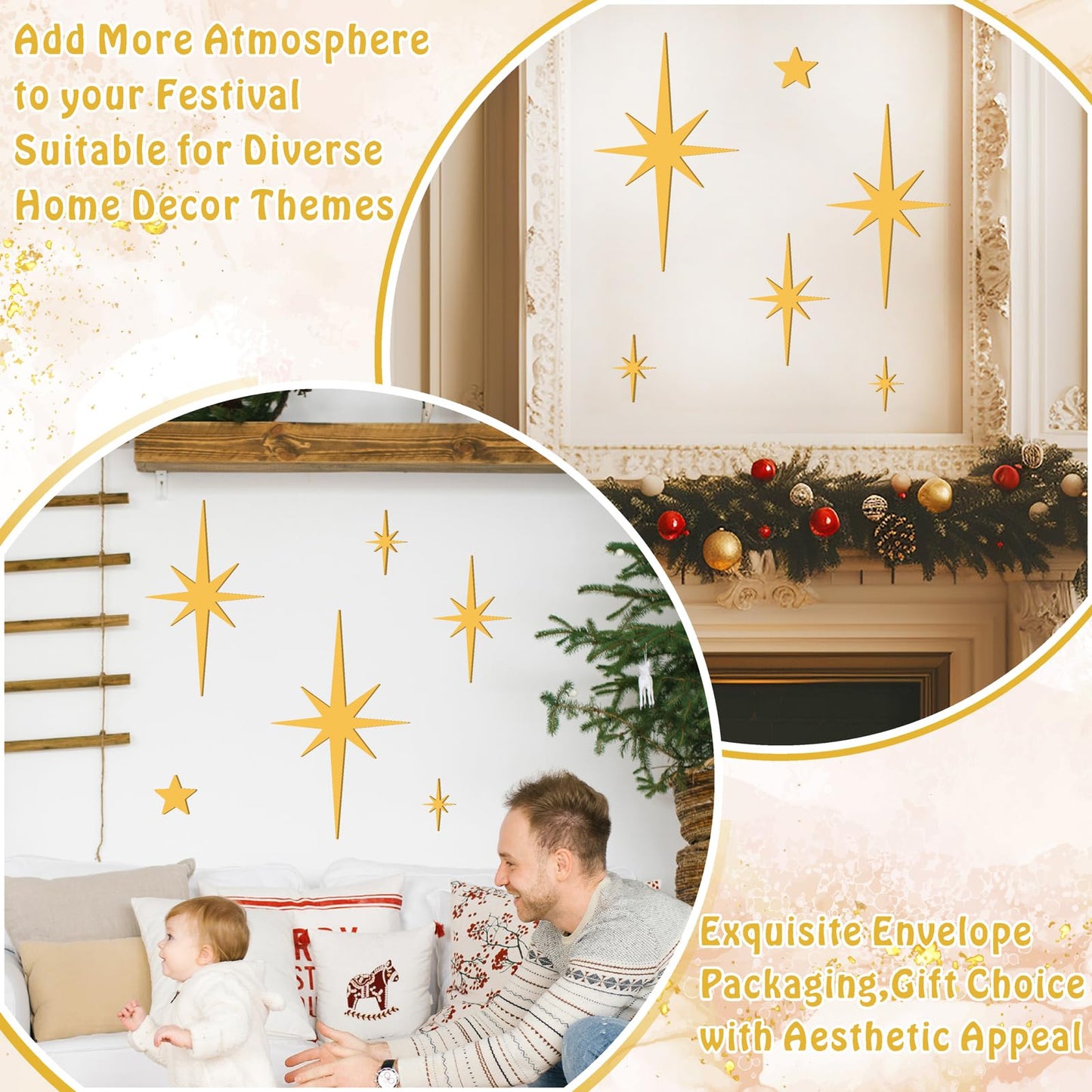 6 PCS Gold Star Wall Decor Iron Starburst Wall Decoration Retro Christmas Stars Art Signs Mid Century Modern Decor for Living Room Star Hangings Sculptures Golden Metal Art for Home Office Bedroom
