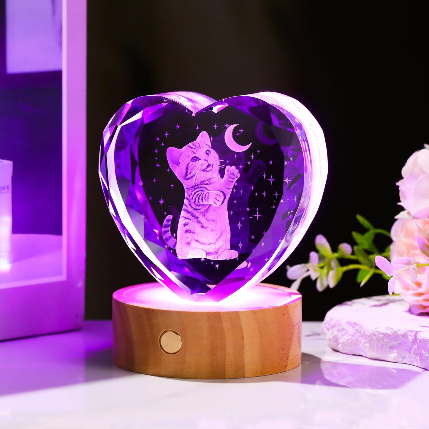 Arikyrist 3D Cat and Moon Crystal Heart Gifts for Women Cat Lovers - Glass Kitty Statue with Wooden Light Base, Cute Kitten Lamp Collectible Night Light Home Decor