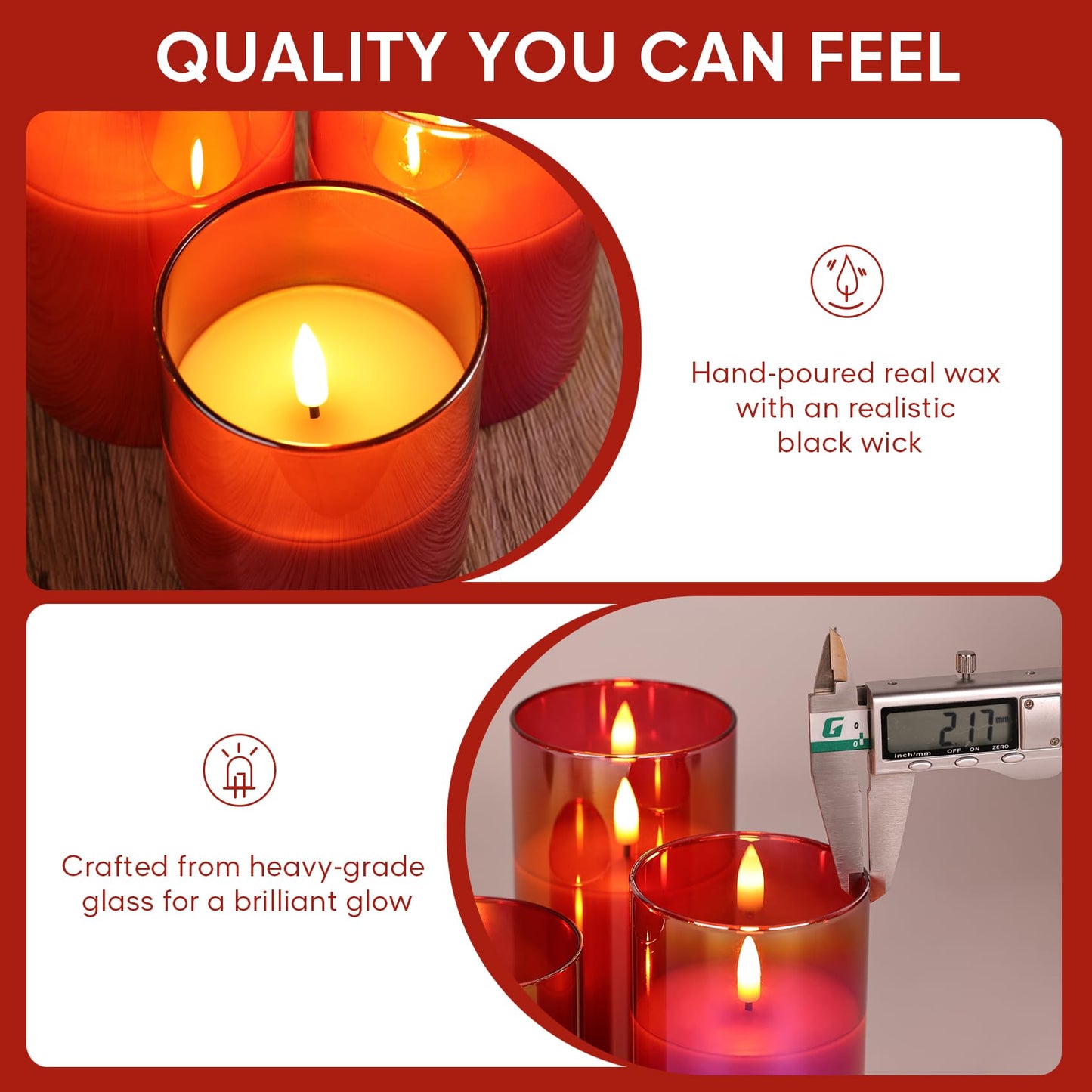 Eywamage Red Glass Flameless Pillar Candles with Remote, Flickering Christmas Battery LED Candles Holiday Decor Set of 3