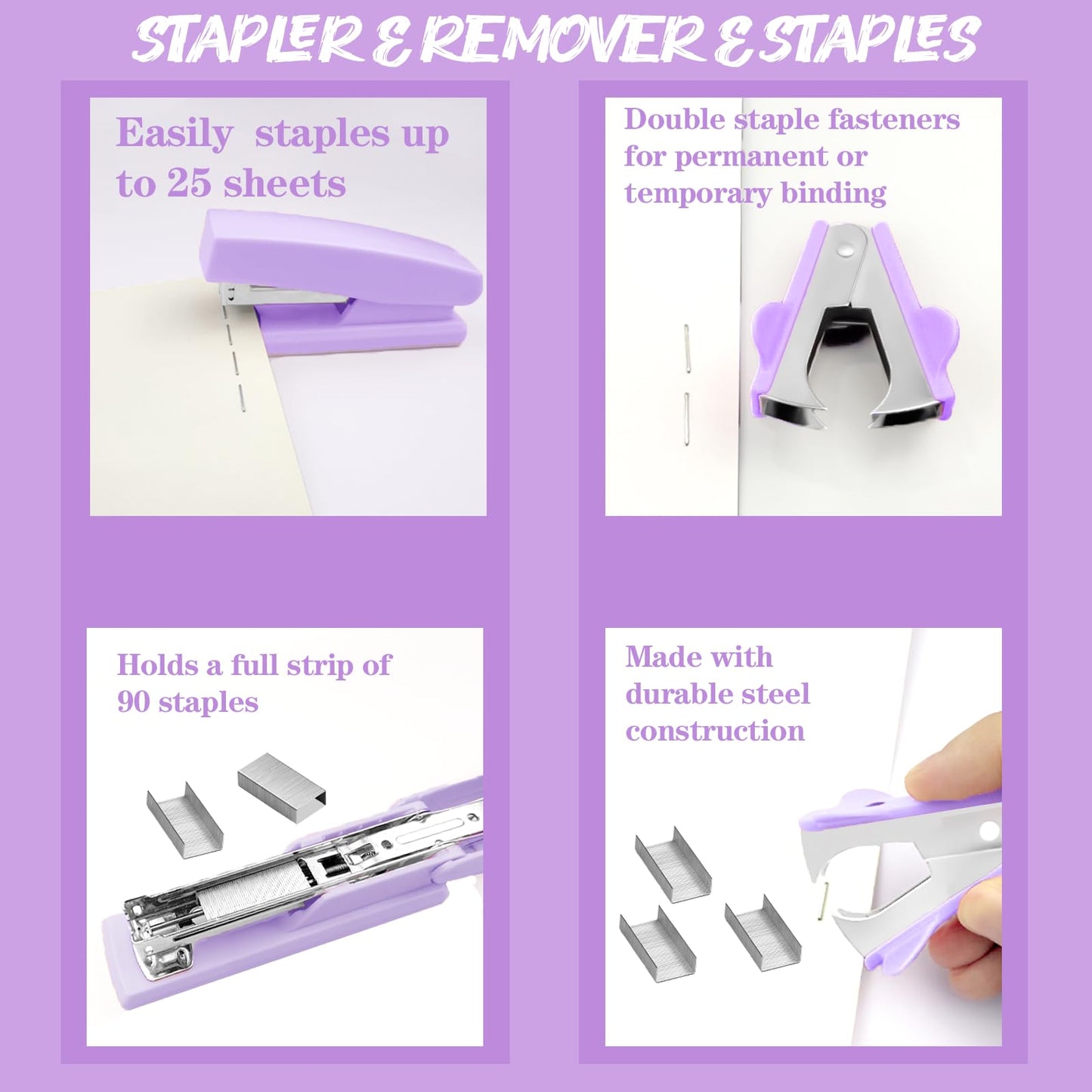 Purple Desk Accessories, 17Pcs Purple Office Supplies Set with Stapler, Mesh Desk Organizer, Tape Dispenser, Staple Remover, Pen Holder, Clips, Pens, Ruler, for Office Home School Women Students Gift