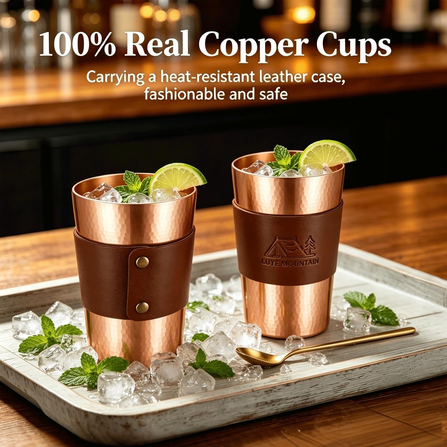 13.5 oz Copper Cups - Hammered Ayurvedic Pure Copper Drinking Cups with Heat-Resistant Leather Sleeves - Promote Detoxification and Maintain Health, Suitable for Yoga, Meditation or Camping. (3)