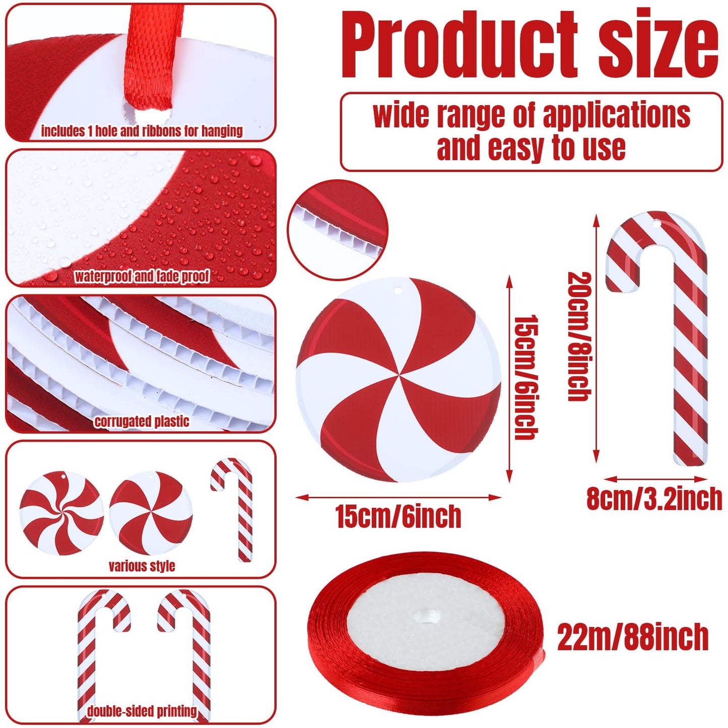 Soaoo 30 Pcs Outdoor Christmas Candy Cane Decorations Hanging Peppermint Christmas Yard Signs Double Sided Lawn Decorations Plastic Outside Hanging Yard Decor for Xmas Tree Porch Home