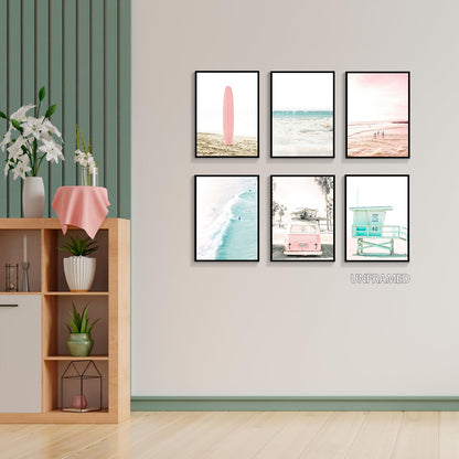 mifyuibytr Set of 6 Beach Canvas Wall Art, 8x10in Tropical Summer Ocean Coastal Posters, Preppy Gallery Beach Prints, Girly Nautical Surfboard Bus Room Decor, California Beachy Pictures Unframed