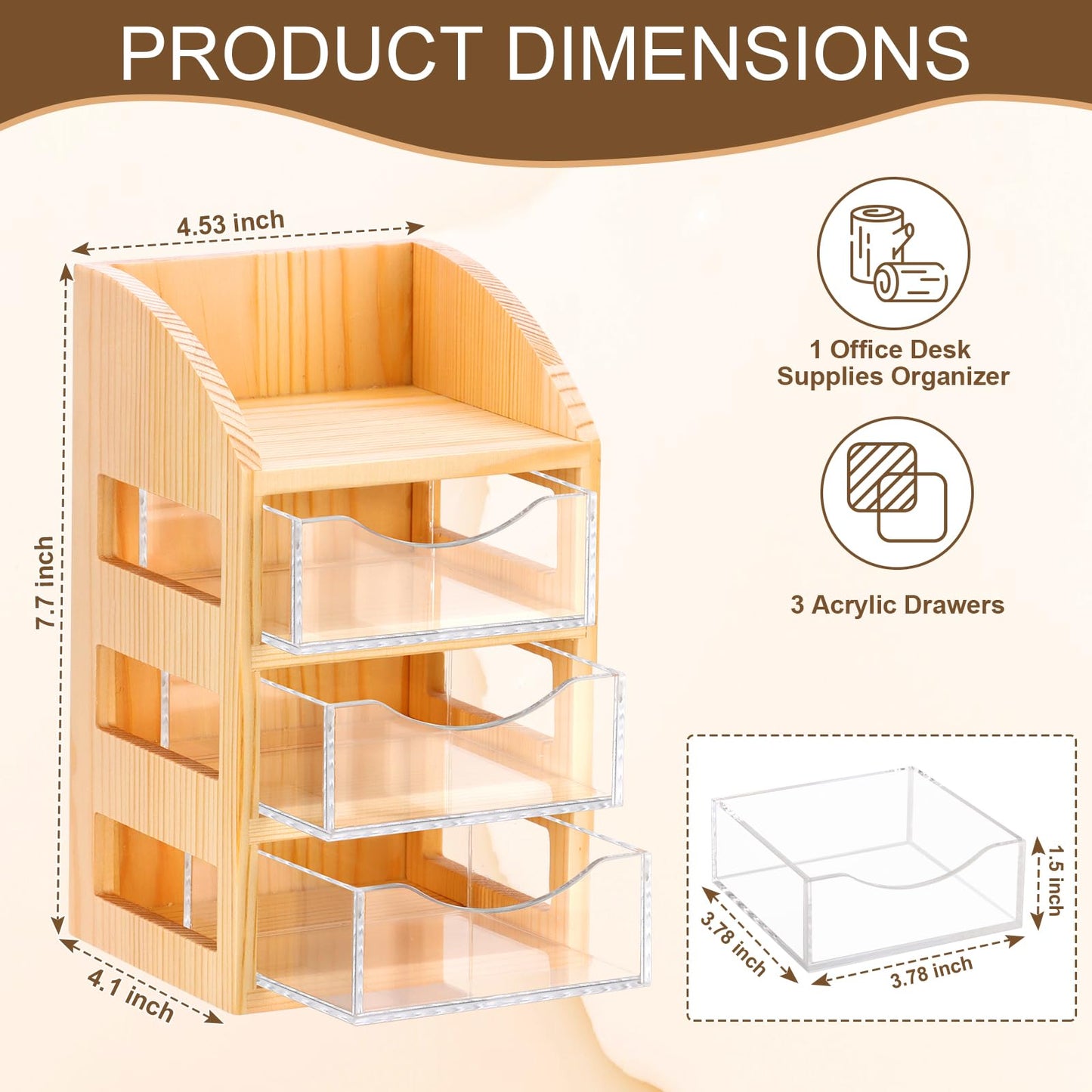 3 Drawer Desktop Accessory Storage Drawers Clear Desktop Organizer with Drawers Small Desk Organizer with Drawer Paper Clip and Binder Holder Wood Acrylic Sticky Note Holder 4.53"L x 4.1"W x 7.7"H