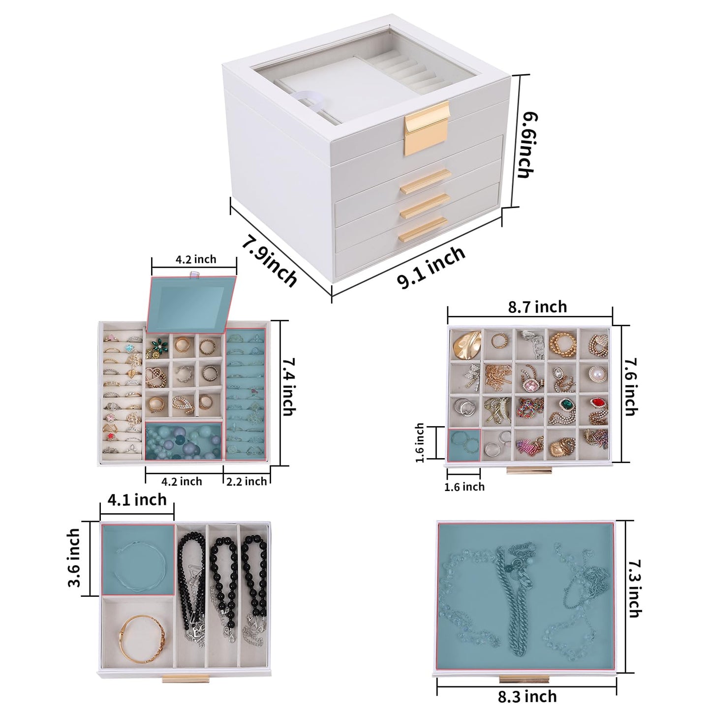 BOOVO Clear Lid Jewelry Box,3 Layers Jewelry Organizer Large Jewelry Storage Box with 2 Drawers,Jewelry Holder Organzier of Rings Earrings Necklace Bracelets for Women (White, 4 Layer)