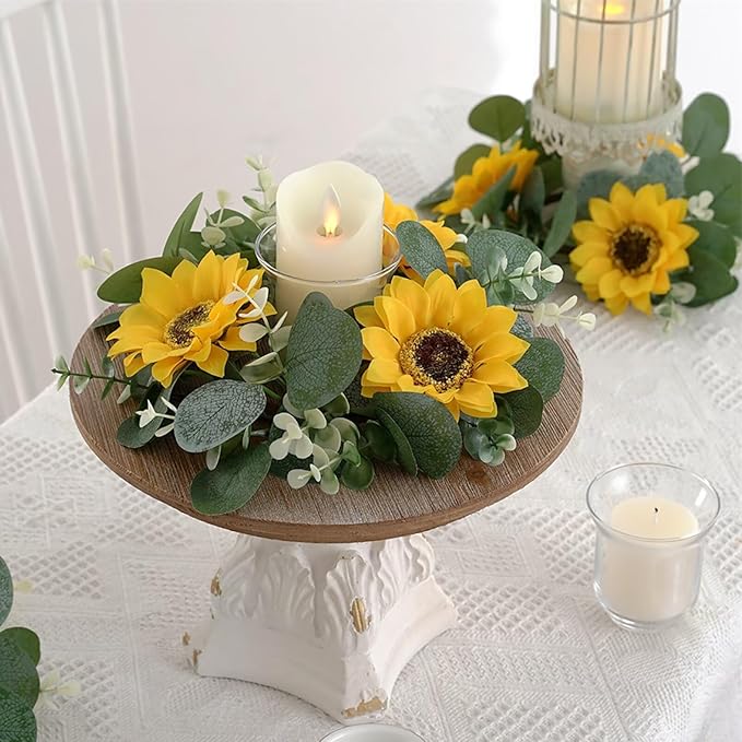 2 Pcs Artificial Sunflower Candle Rings, Fake Sunflower Candle Wreaths Ring Artificial Yellow Flower Leaves Wreath Fake Floral Candles Rings for Wedding Party Decorations
