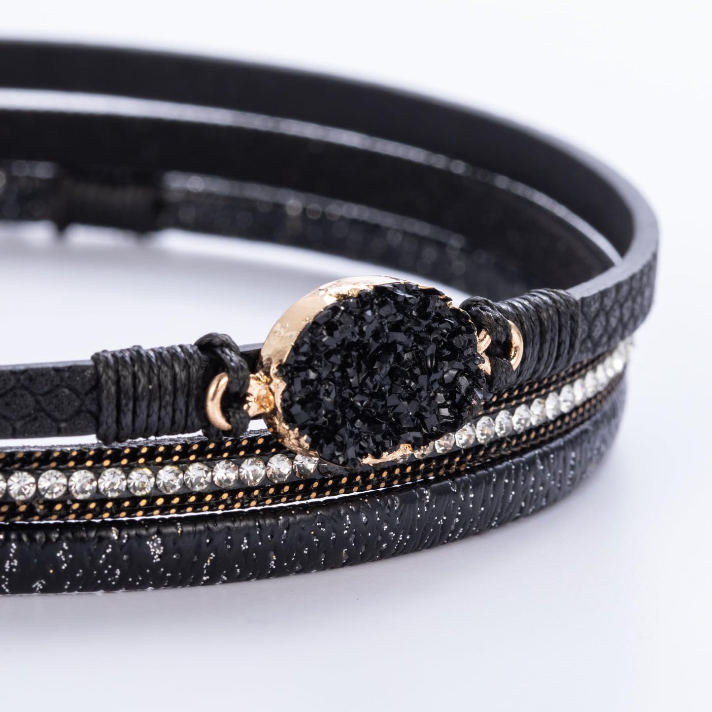 FANCY SHINY Boho Leather Wrap Bracelet Stackable Chunky Crystal Cuff Bracelets with Magnetic Clasp Cowboy Cowgirl Western Summer Beach Outfits Jewelry Gifts for Women (14.7", Black)