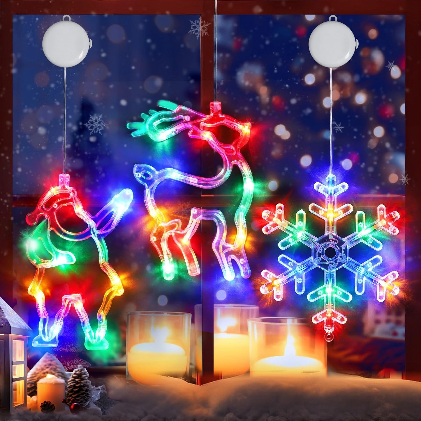 3Pcs Christmas Window Lights, Battery Powered Christmas Window Hanging Decorations Reindeer & Xmas Tree & Snowflake Shaped Indoor Lights with Suction Cup, Timer for Xmas New Year Home Decor