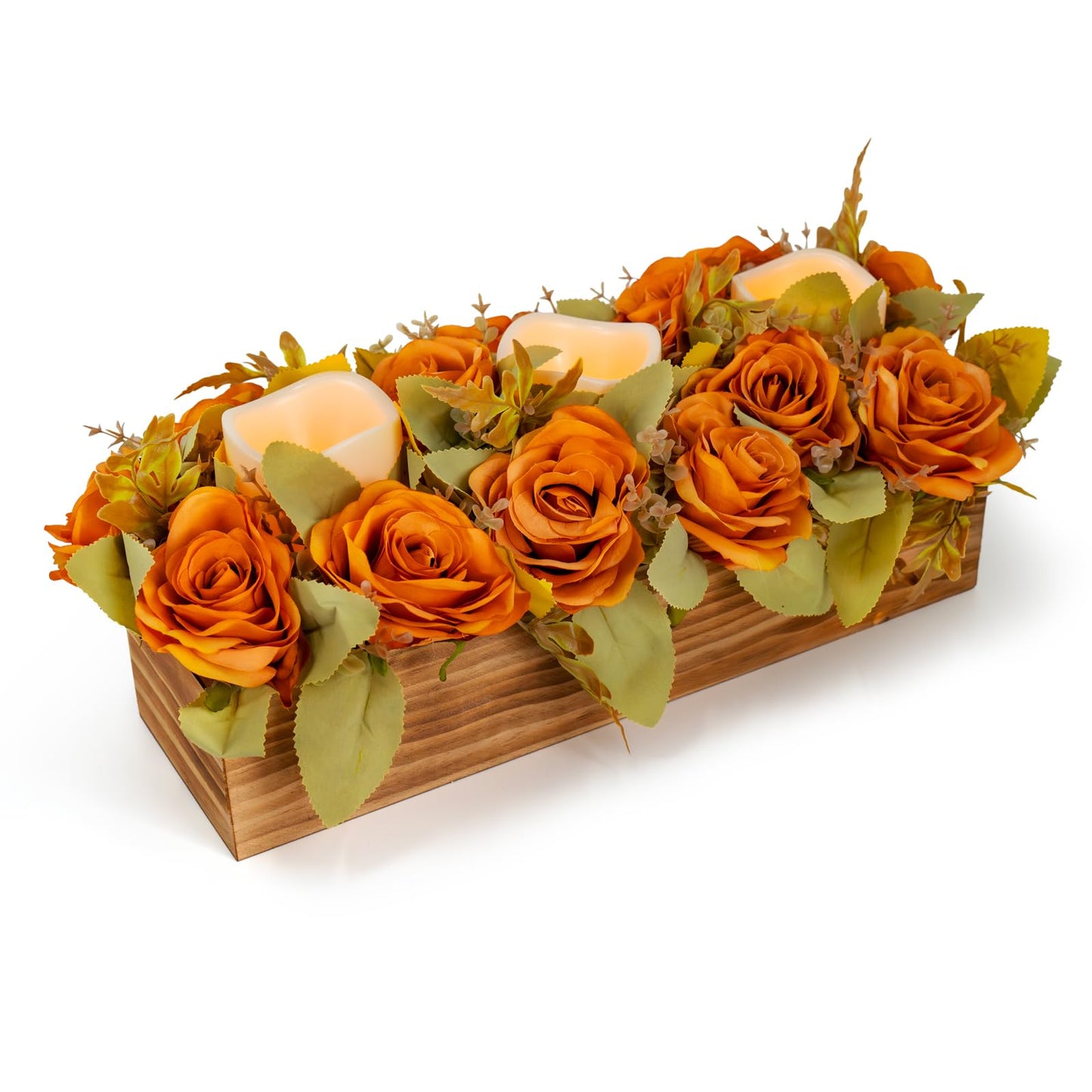 Lumeavetra Centerpiece Table Decorations with 3 Flameless Candle(Battery Not Included), Farmhouse Wood Tray Flower Decoration for Table Kitchen Living Room Wedding Décor