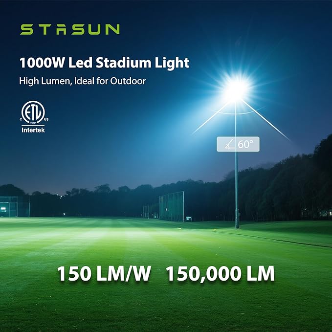 STASUN 1000W LED Stadium Lights Outdoor – Ultra Series High Power, ETL Certified, 150000LM, 5000K Daylight, 60° Beam, 100-277V, IP67 Waterproof Flood Lights for Arena, Sports Field, Parking Lot