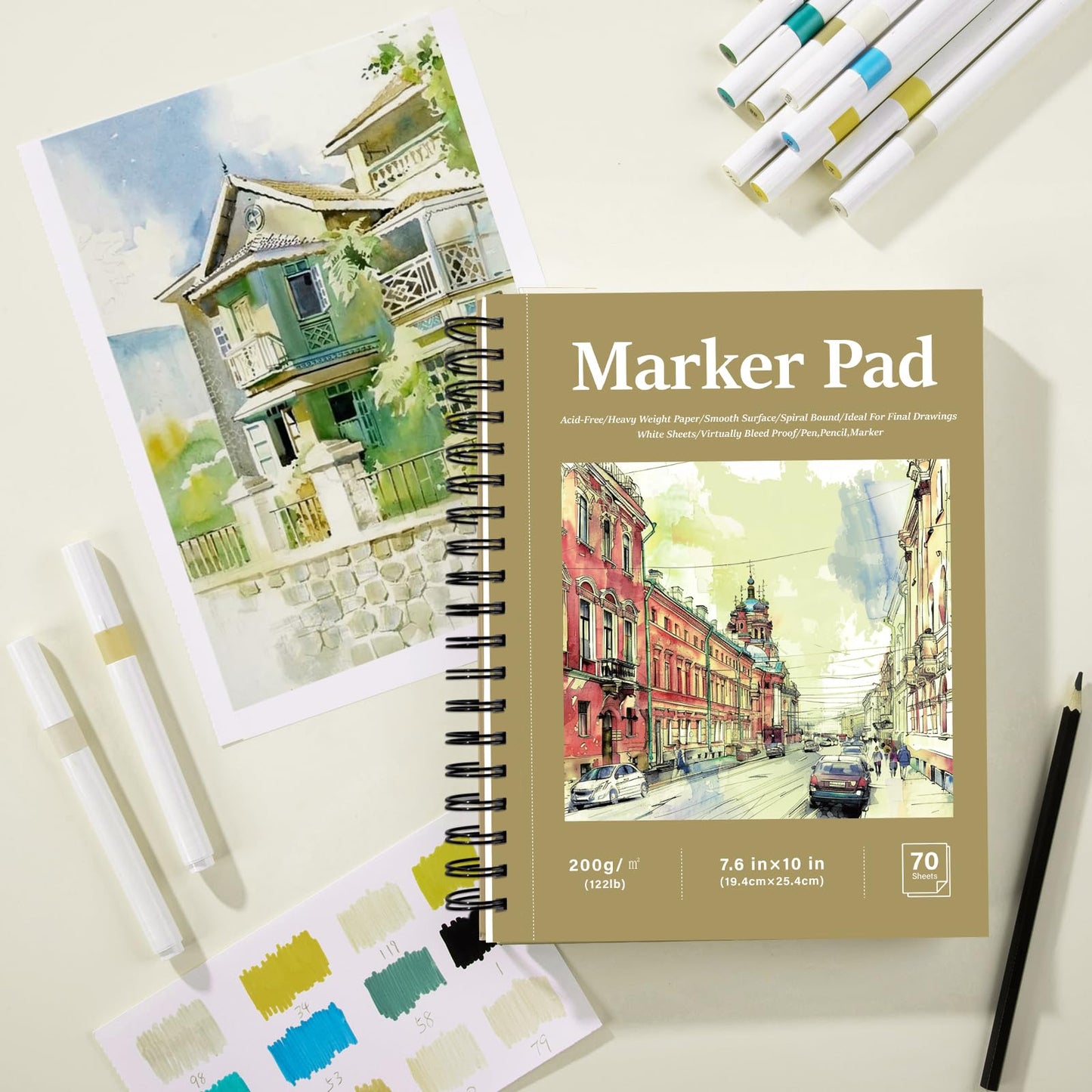 70 Sheets Hardcover Marker Paper Pad, 7.6x10in Alcohol Marker Paper Sketch Pad, 122lb/200gsm Heavyweight Spiral Sketch Book, Painting Coloring Drawing Paper for Beginners Artists Ideal Gift