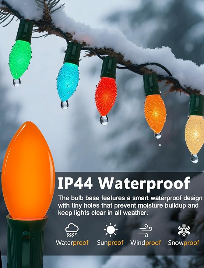 C9 Christmas Lights Outdoor, 25FT 25 LED C9 Multicolor String Lights, Steady Glow & Shatterproof, IP44 Waterproof, UL Listed, Connectable Christmas Tree Lights for Indoor/Outside Roofline & Patio