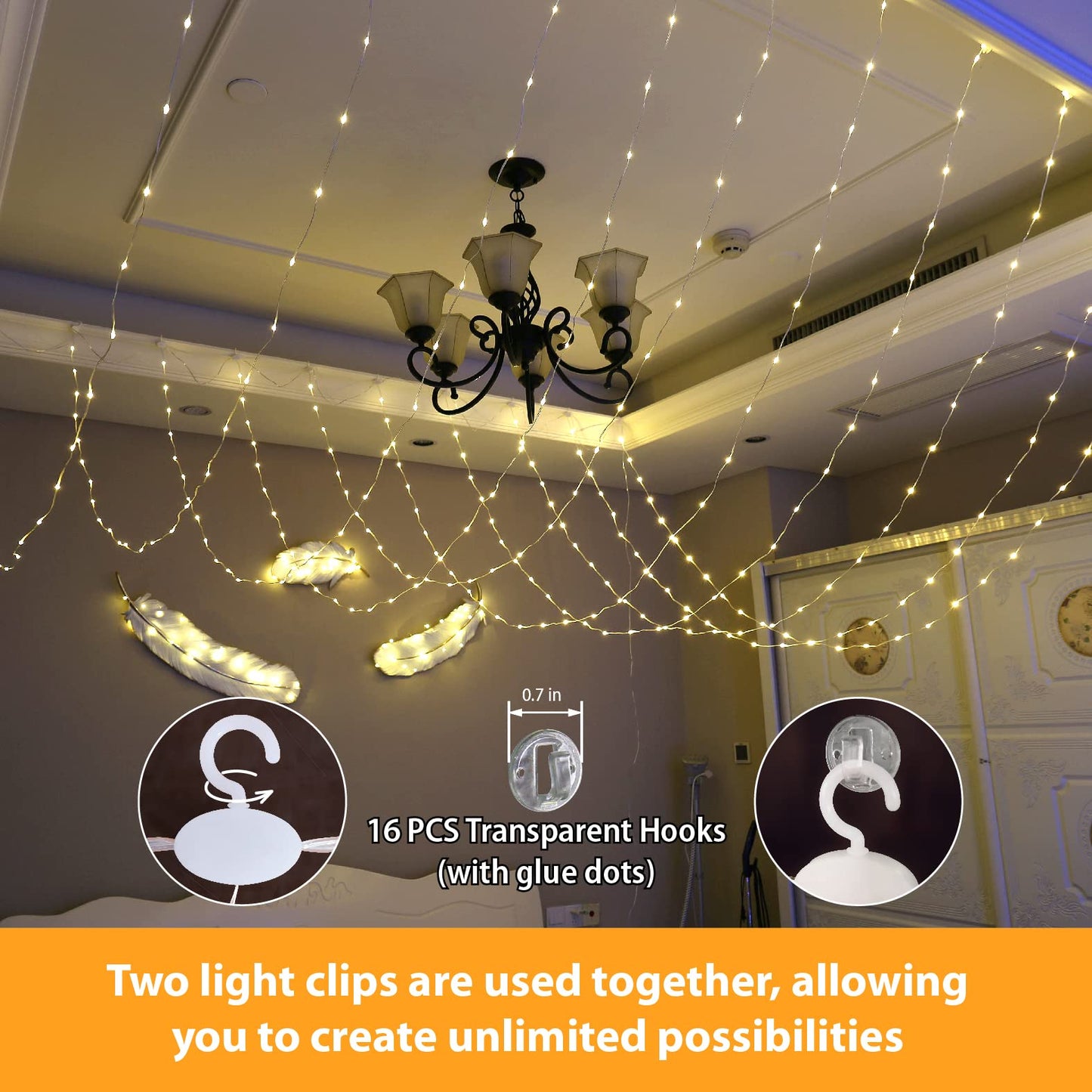 HXWEIYE 300LED Fairy Curtain Lights, 9.8x9.8Ft USB Plug-in 8 Modes Christmas String Hanging Lights with Remote for Bedroom Backdrop Wedding Indoor Wall Decor, Warm White, Tangle-Free – 1 Pack