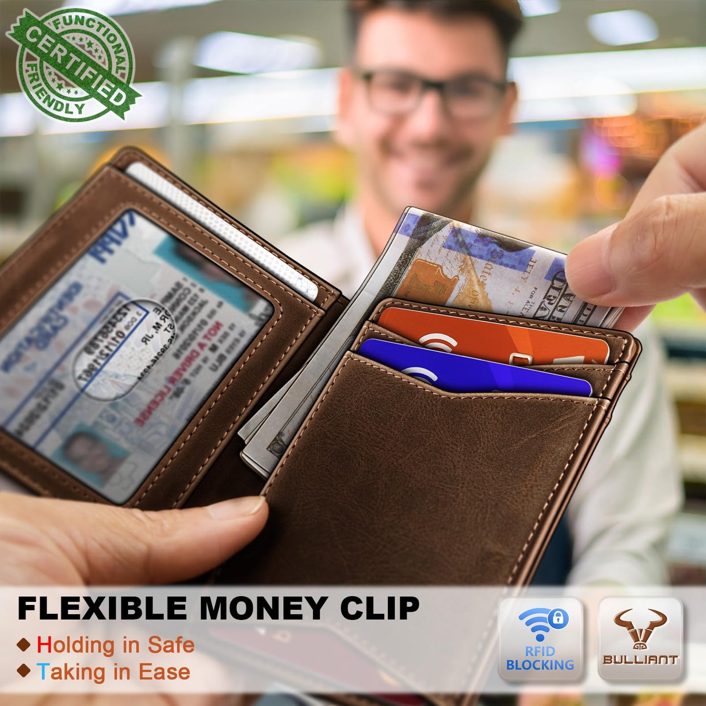 BULLIANT Men Full Grain Wallet,Slim Wallet Magnetic Closure Simplifed Bill Folder RFID Blocking 11Cards