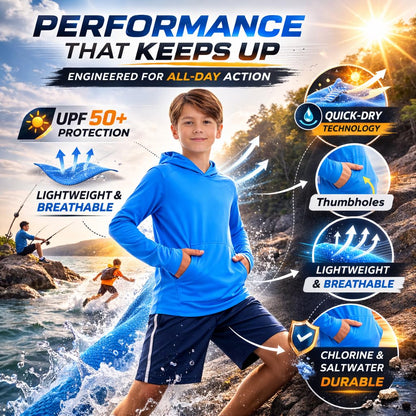 INGEAR Boys' Rash Guard Long Sleeve UPF 50+ UV Protection Swim Shirt, Hooded Sun Shirt, Quick Dry Fishing Shirt for Kids (US, Alpha, Medium, Turquoise Sea)