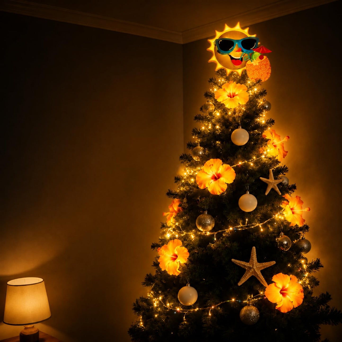 Craftsatin 10 x 8 Inch Wood Summer Tree Topper with LED Light Christmas in July Summer Tree Top Ornaments for Luau Party Hawaiian Decorations Tabletop Display Supplies