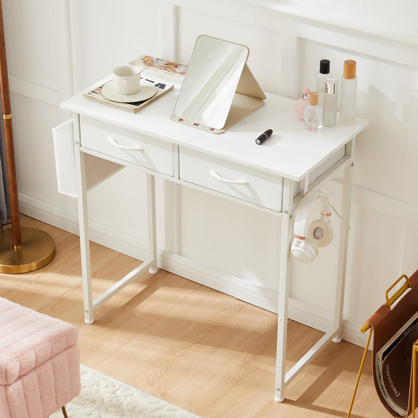 Sweetcrispy Computer Desk Small 32 Inch Home Office Bedroom Writing Study PC Table with Fabric Storage Drawers Space Side Bag Headphone Hook Metal Frame Adjustable Feet Modern Simple Style, White Wood