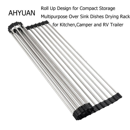 Ahyuan Roll up Dish Drying Rack Over The Sink Kitchen Roll up Sink Drying Rack Portable Dish Drainer Foldable Dish Drying Rack (Warm Gray, 17.8''X17'')