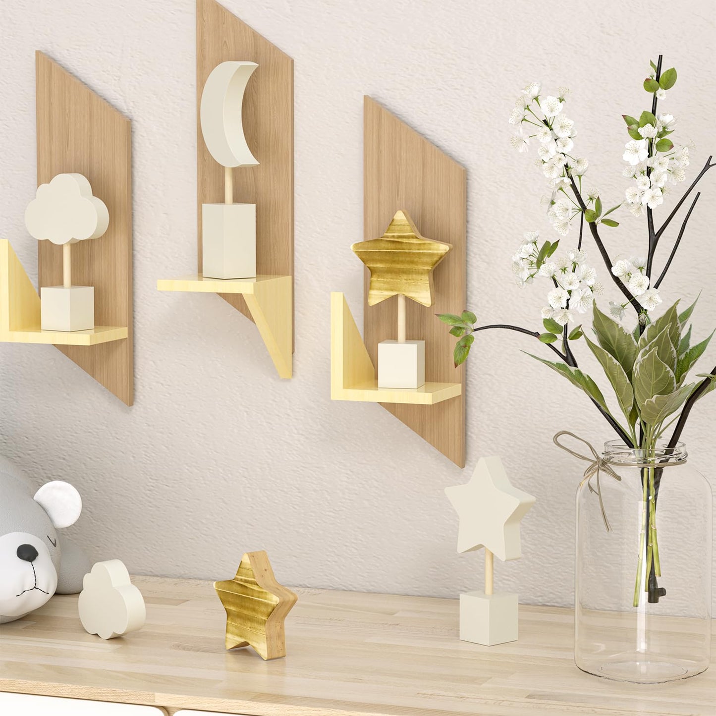 4 Pcs Wooden Moon and Stars Nursery Decor Boho Sky Cloud Nursery Shelf Decor Cute Children Baby Wall Decor for Nurseries Bedroom Kindergarten Classroom Playroom