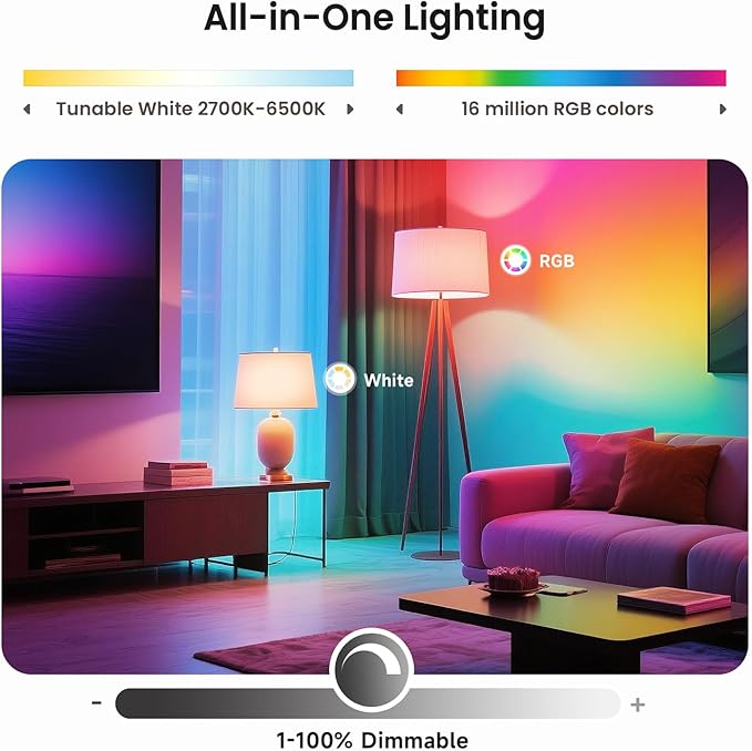 TREATLIFE Smart Light Bulbs 4 Pack, UL Certified 2.4GHz Color Changing Light Bulb, Works with Alexa Google Home, A19 E26 Dimmable LED Light Bulb 9W 800 Lumen for Party Decoration, Smart Home Lighting