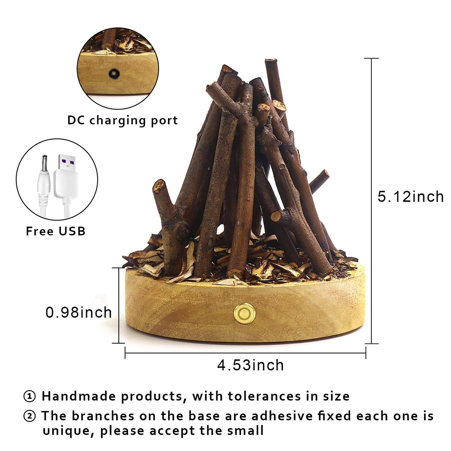 Zsiey Handmade Wooden Simulated Bonfire Lights, Desktop Decorative Halo Lights, Creative Log Bonfire Night Lights USB Charging flameless Candles Three Modes LED Flashing Breath Flame (Art Deco)