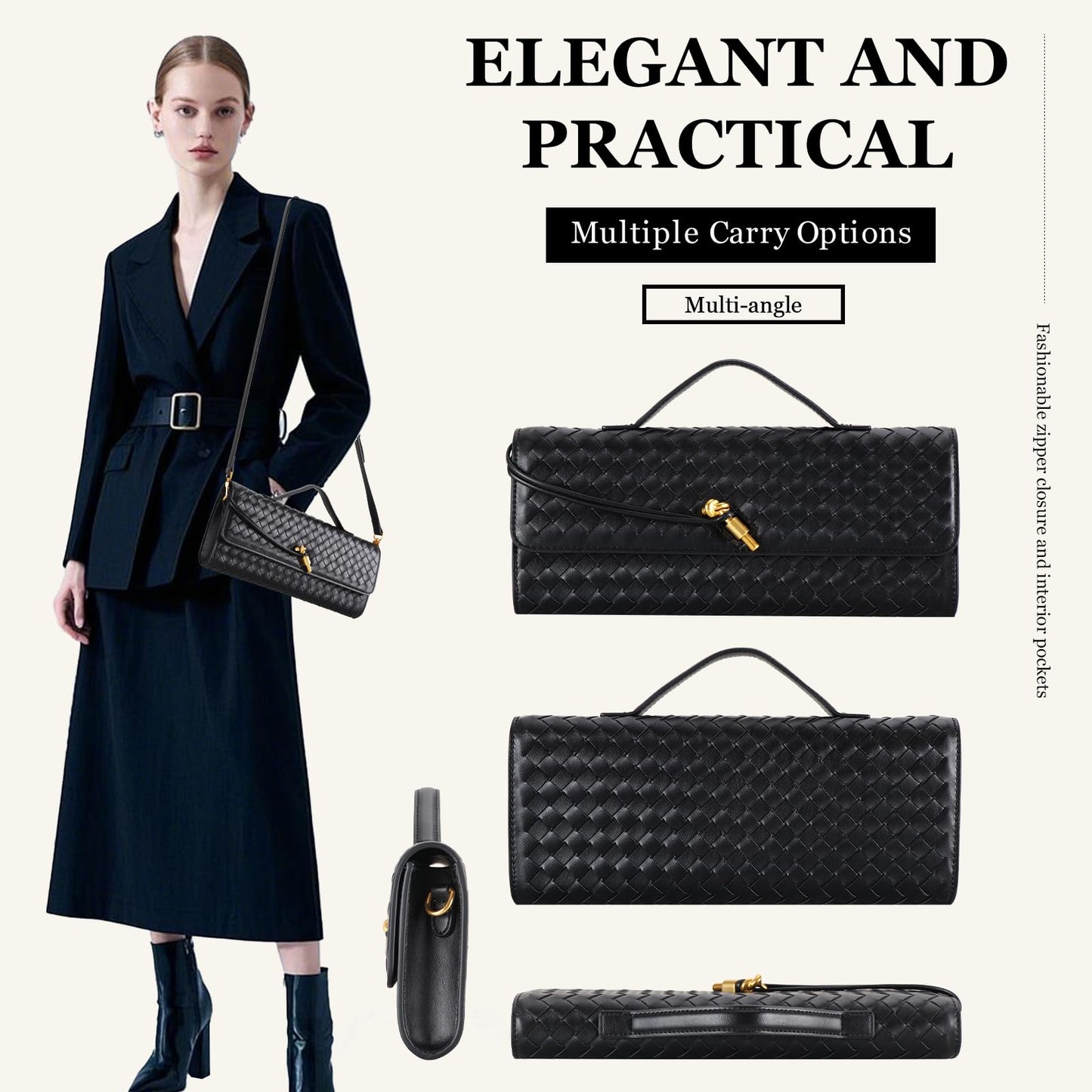 EGCUQ Pu Leather Woven Bag Purse,Black Clutch, Woven Evening Bag For Women 11.8" x 1.7" x 4.9" (Black)