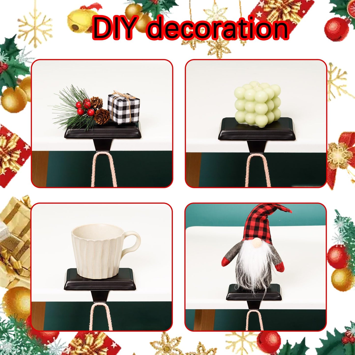 Festanlee 4 Pack Christmas Stocking Holders Ornament Hooks Mantel Weighted Stocking Hangers Metal Hanging Hooks Heavy Duty Stocking Holders Bases for Mantel Fireplace Party Decoration (Black, 4)
