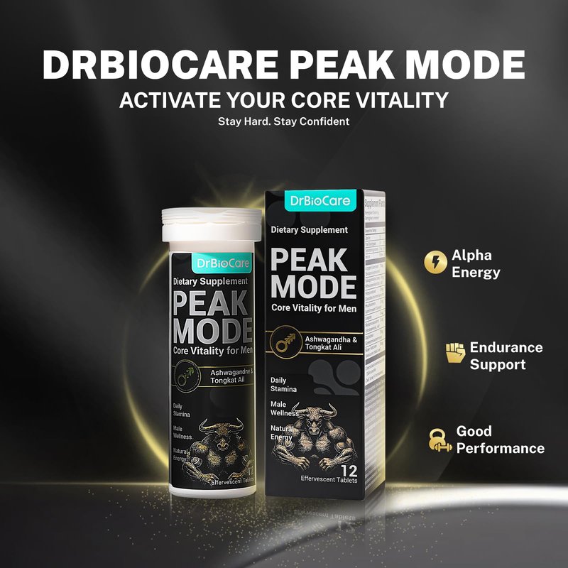 DrBioCare Peak Mode Core Vitality for Men 7-in-1 Effervescent Tablets | Tongkat Ali, Maca & L-Arginine，Ashwagandha, | Boost Stamina, Drive & Blood Flow for Good Performance | Berry Flavor 12 Tablets