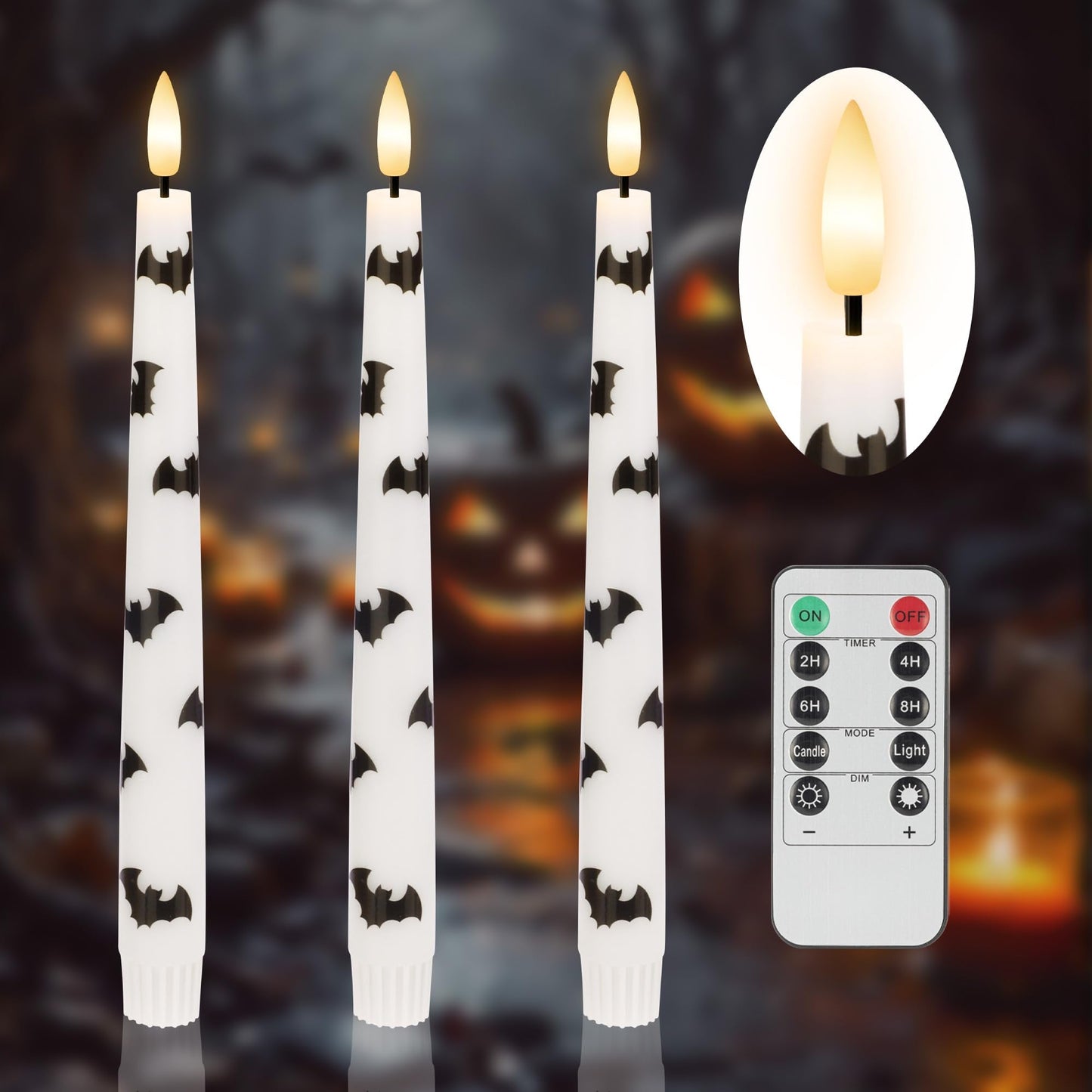 AFINETH Halloween Taper Candles with Bats, 9.6”Real Wax Flameless Taper Candles with Remote & Timer, 3 Pack Battery Operated Halloween Led Candlesticks for Party Home Decor