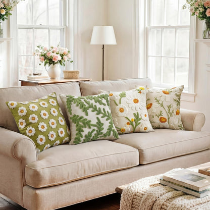 Fourluoo 4 Pcs Daisy Embroidered Throw Pillow Covers 18x18 Daisy Decorative Pillow Cover with Zipper Spring Floral Tufted Cushion Pillowcase for Bed Couch Sofa Living Room