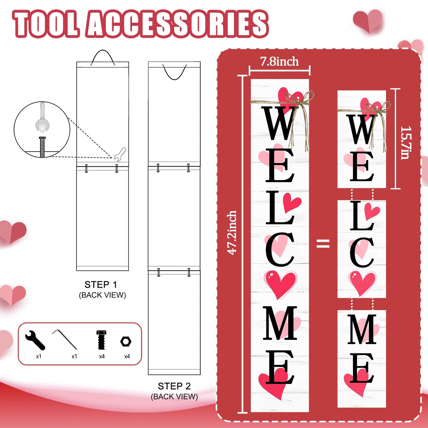 Valentine's Day Wooden Porch Sign 47" Spring Large Welcome Porch Sign for Home Front Door Yard Couple Party Decor (Red)