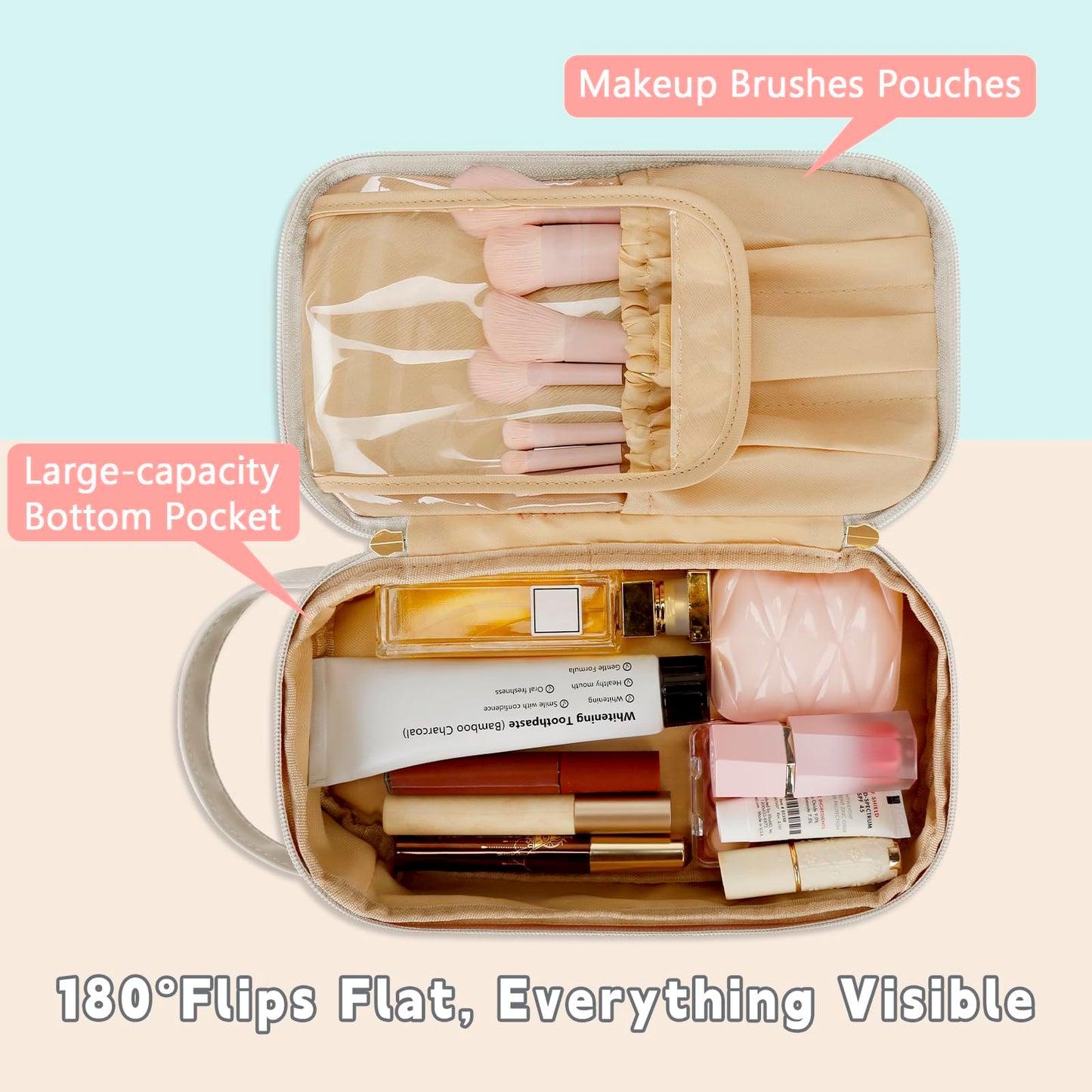 CLOUDWINGS Initial Makeup Bag for Women - Personalized Double Layer Cosmetic Bags with Makeup Brush Organizer, Hanging Travel Toiletry Bag with Large Capacity, Gifts for Mom Girlfriend Wife（Beige A）