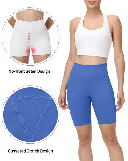 Runhit No Front Seam Biker Shorts for Women - 8'' High Waisted Workout Gym Yoga Running Spandex Compression Shorts Shorts with Tummy Control Blue XS