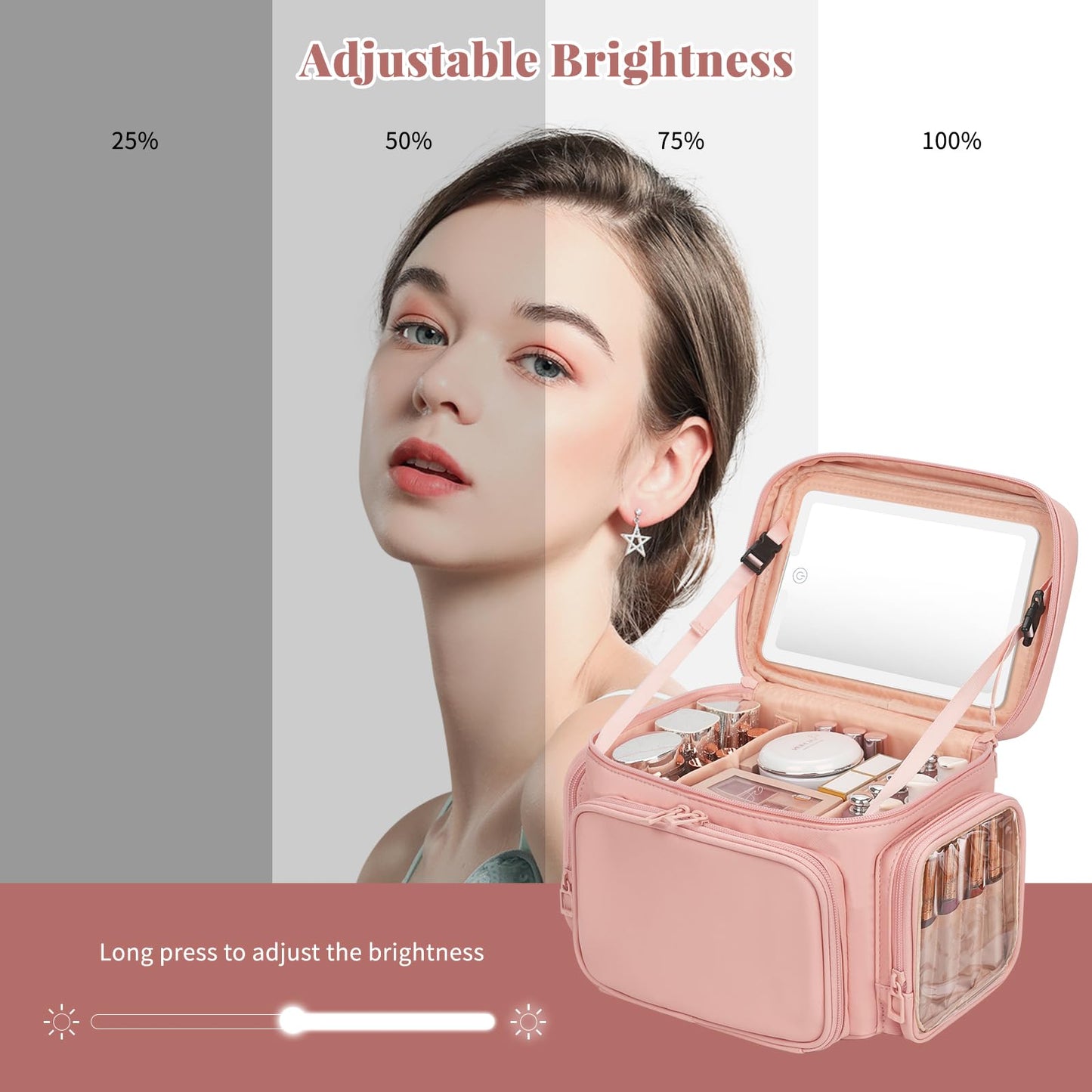 Large Makeup Bag with LED Mirror, Travel Makeup Bag Organizer for Women Girls with Makeup Brush Compartment & Two Side Pockets, 3 Color Lights Cosmetic Toiletry Bag- Leather Pink