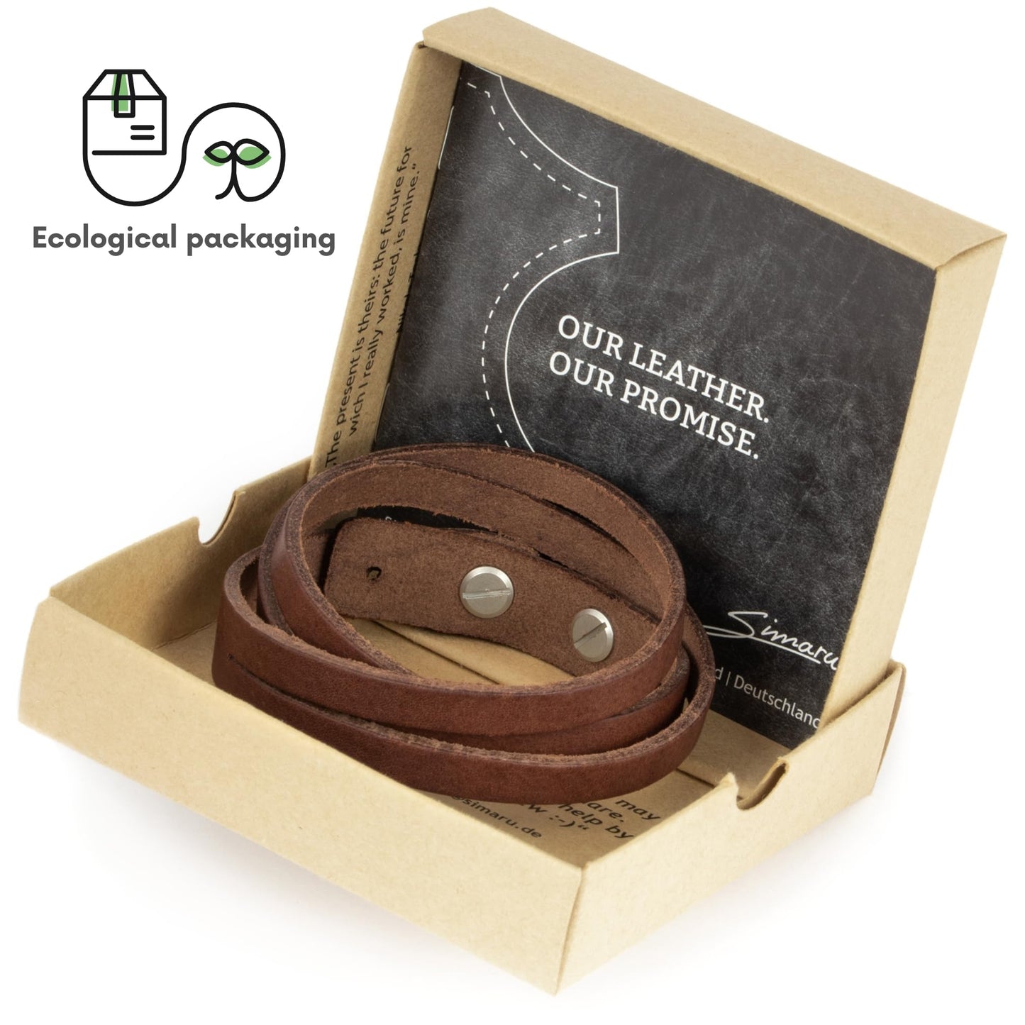 Simaru Genuine Italian Leather Bracelet for Men, Adjustable Double-Wrap Wristband, Vegetable-Tanned Leather, Brass Closure, Handmade in Germany, Gift for Him