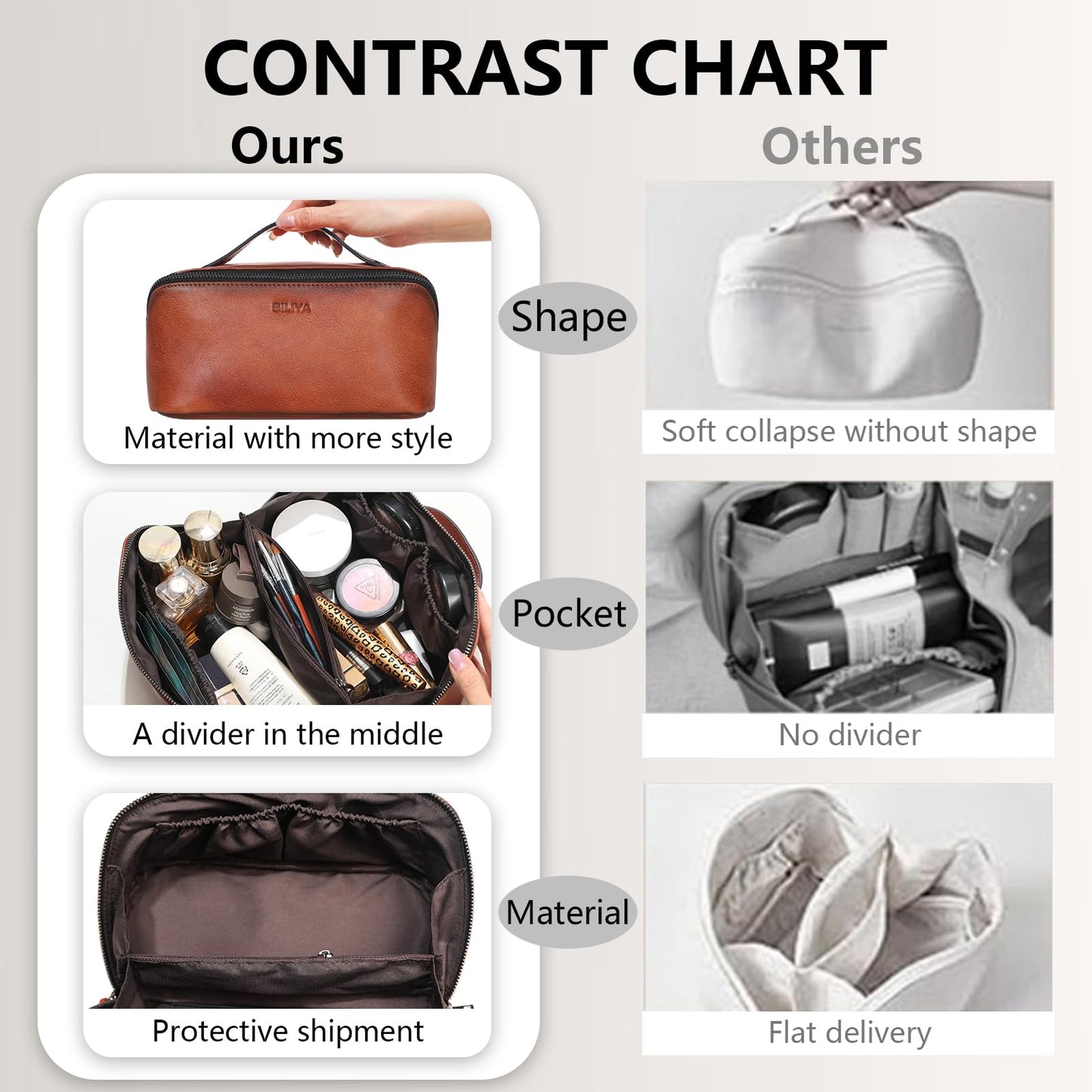 BILIYA Hand Rubbed Genuine Leather Makeup Bag Vintage Brown Cowhide Cosmetic Case with Handle Handmade Travel Organizer for Women