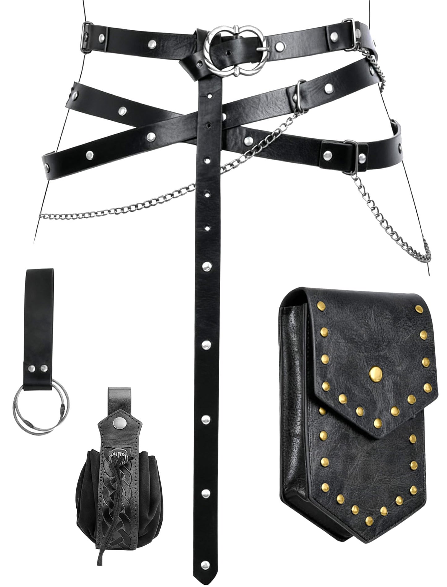 Minhuida Medieval Belt with Renaissance Bag & Detachable Chains, Vintage Faux Leather Waist Pouch Dresses Belt Halloween Cosplay Costume Accessorie (Black)