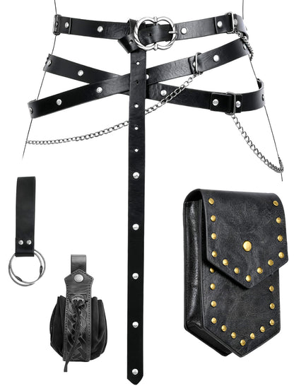 Minhuida Medieval Belt with Renaissance Bag & Detachable Chains, Vintage Faux Leather Waist Pouch Dresses Belt Halloween Cosplay Costume Accessorie (Black)