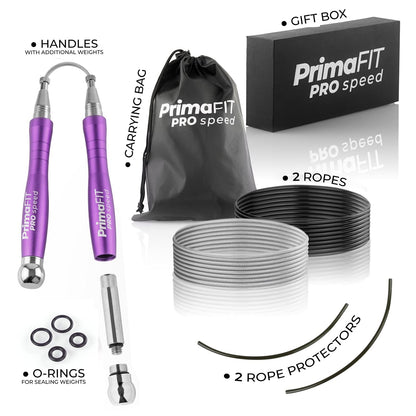 PrimaFIT Jump Rope Pro Speed Skipping Rope Adjustable Adult Jumping Rope Weighted Aluminium Handles for Double Dutch Boxing Workout Crossfit Exercise Fitness Spare Cable Weights Protectors Carry Bag