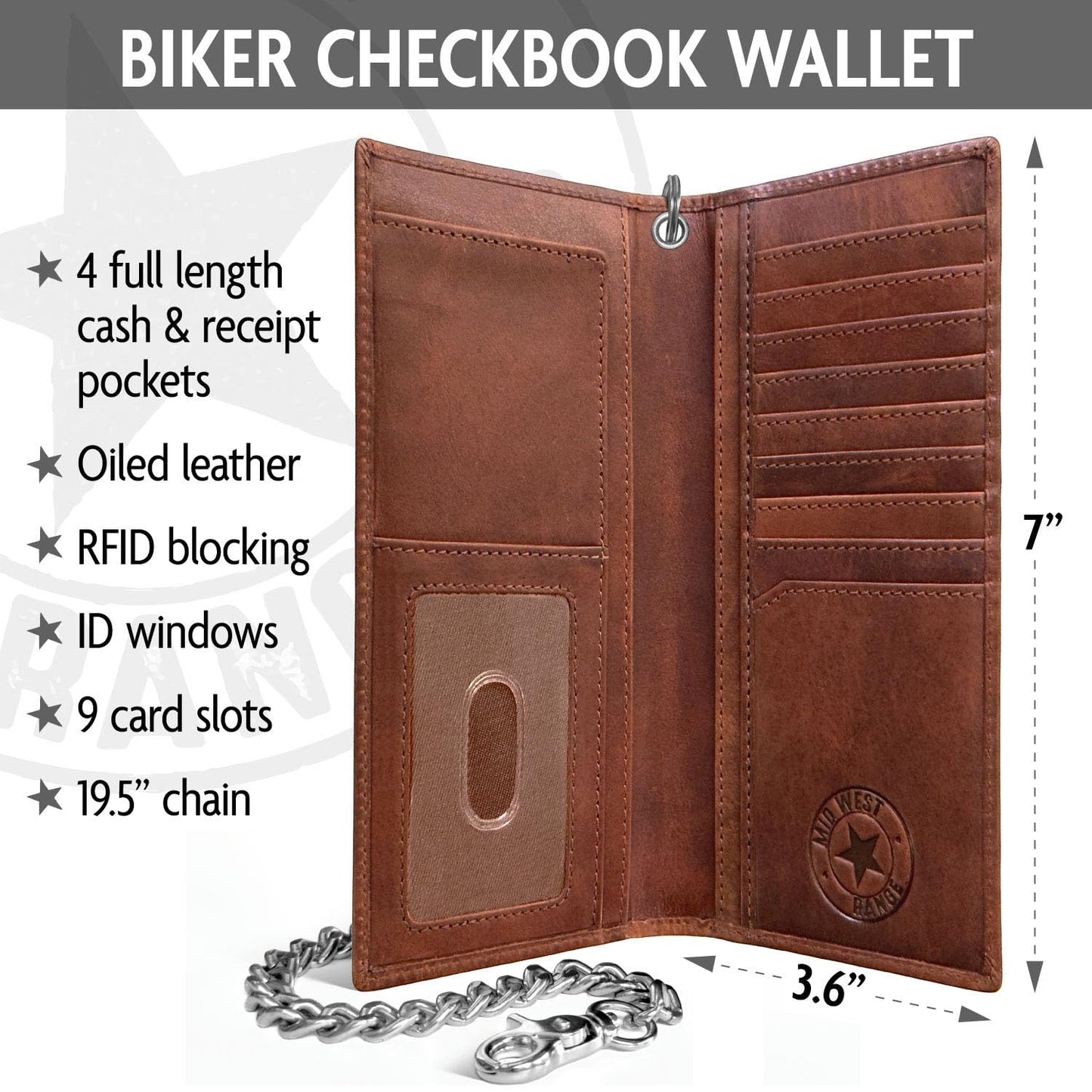 Father's Day Wallet - Tall Wallet w. Chain for Men, Patriotic Biker – Distressed Brown Leather, RFID Blocking, 10 Card Slots with ID Holder, Embossed Motorcycle & American Flag Design, 100% Leather.