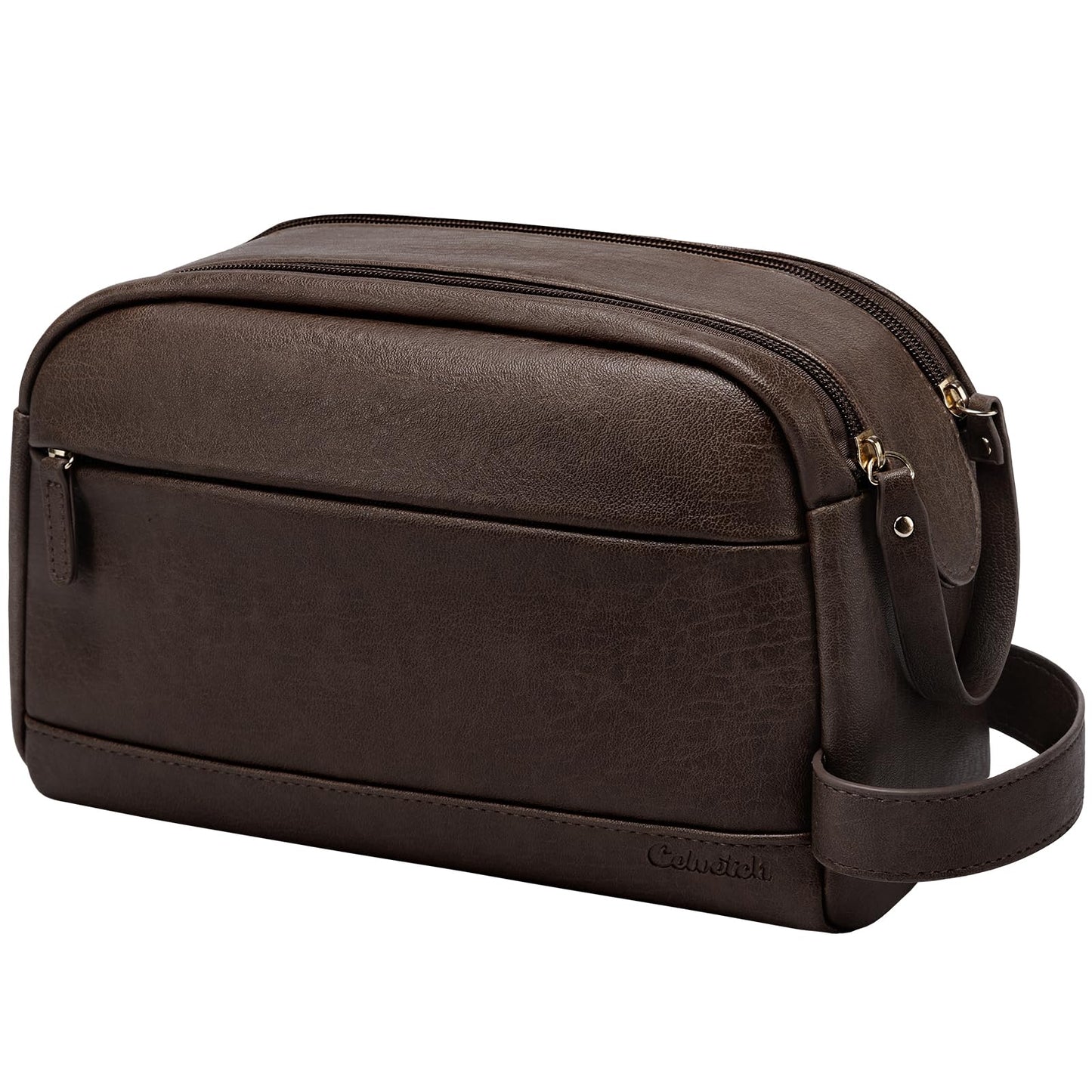 Celvetch PU Leather Toiletry Bag for Men - Water Resistant Travel Bag for Toiletries, Bathroom Essentials, Accessories - Dark Brown