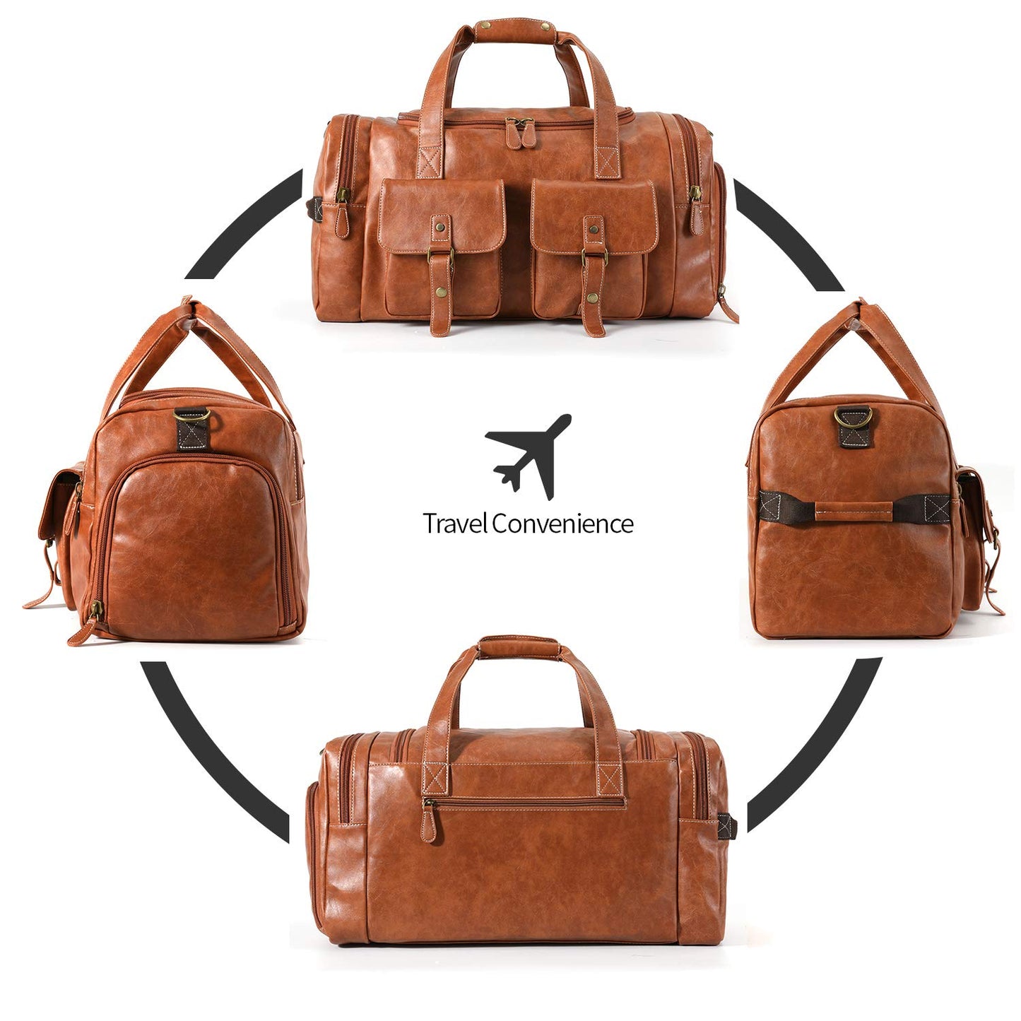Zeroway PU Leather Travel Duffel Bag with Shoe Pouch Large Carry on Bag Waterproof Weekender Overnight Bag for Men Women Brown