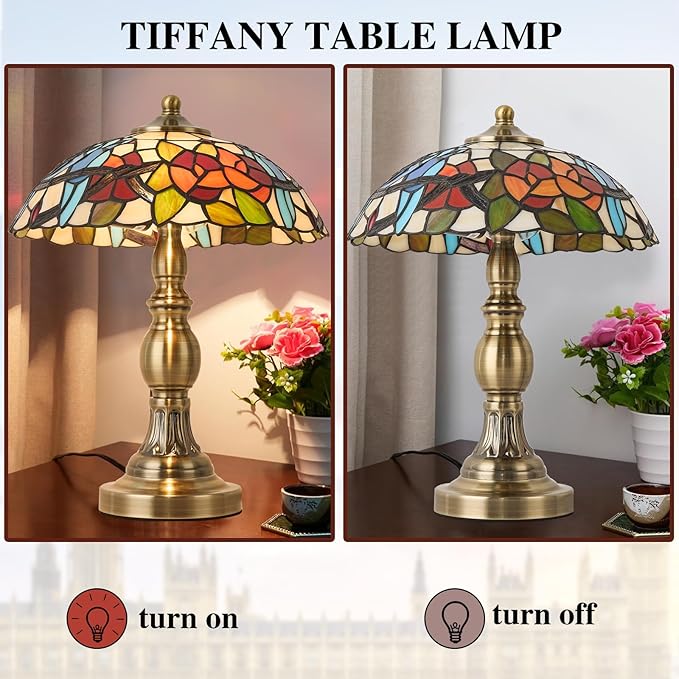 Tiffany Style Table Lamp, Stained Glass Table Light,Art Craft Antique Decor Lamp for Bedside Nightstand Bedroom Living Room Home Office ect