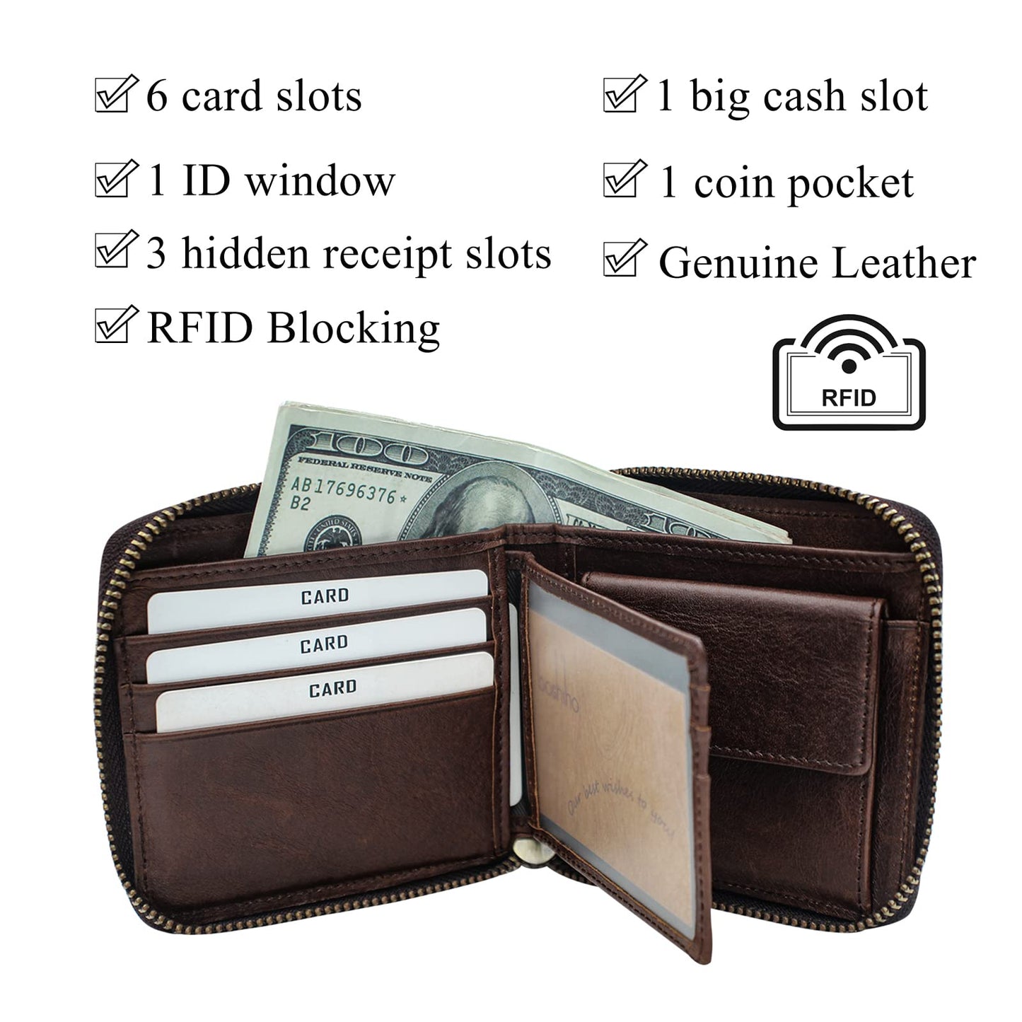 boshiho Real Leather RFID Blocking Bifold Wallets for Men Double Zipper Coin Pocket Purse with Anti-Theft Chain (Coffee 02)